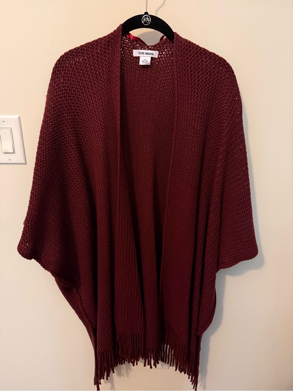 Steve Madden Wine Red Knit Open-Front Poncho with Fringe